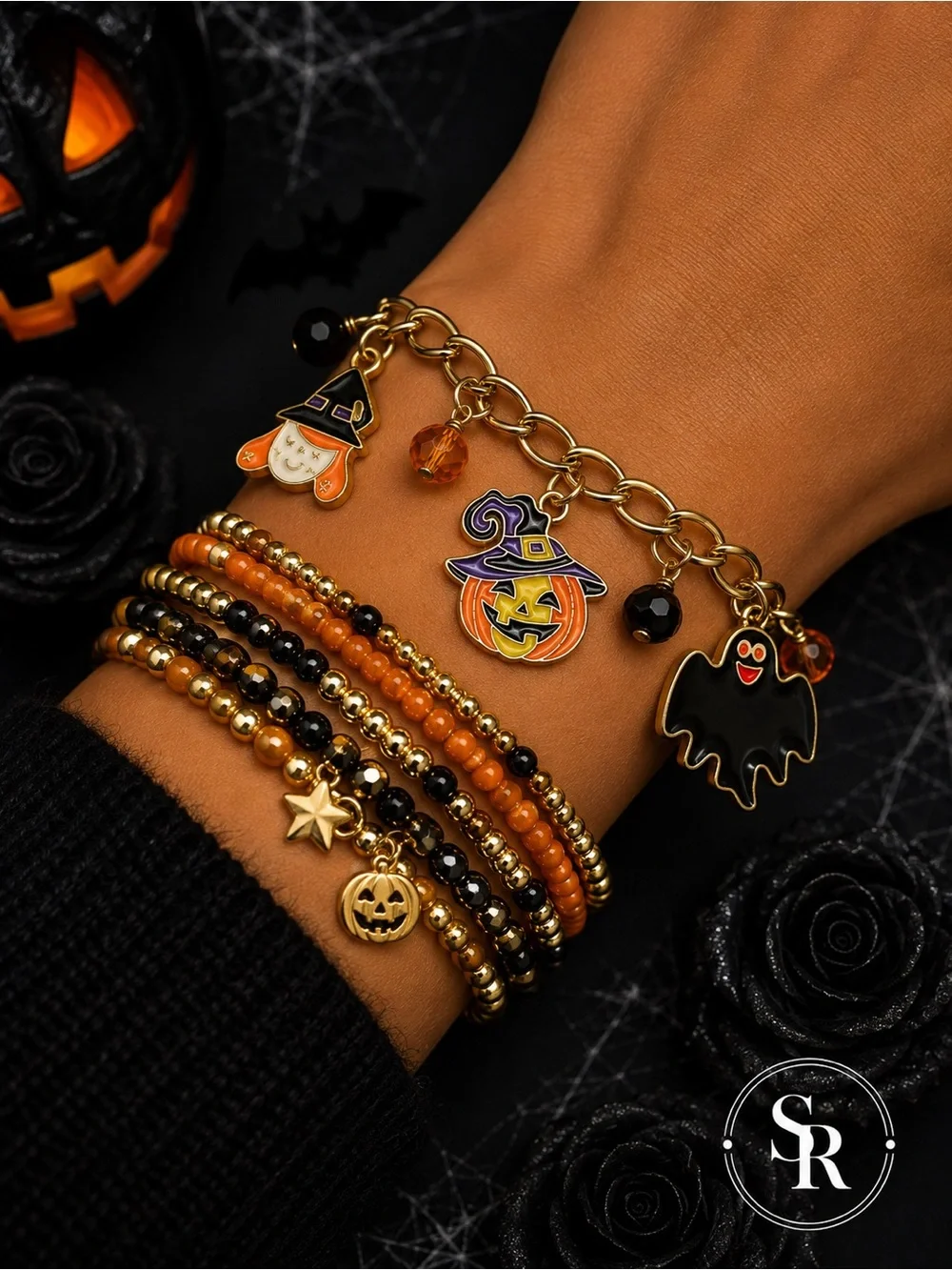 Halloween Witch Ghost Pumpkin Charm Bracelet Gold Tone Enamel NWT
